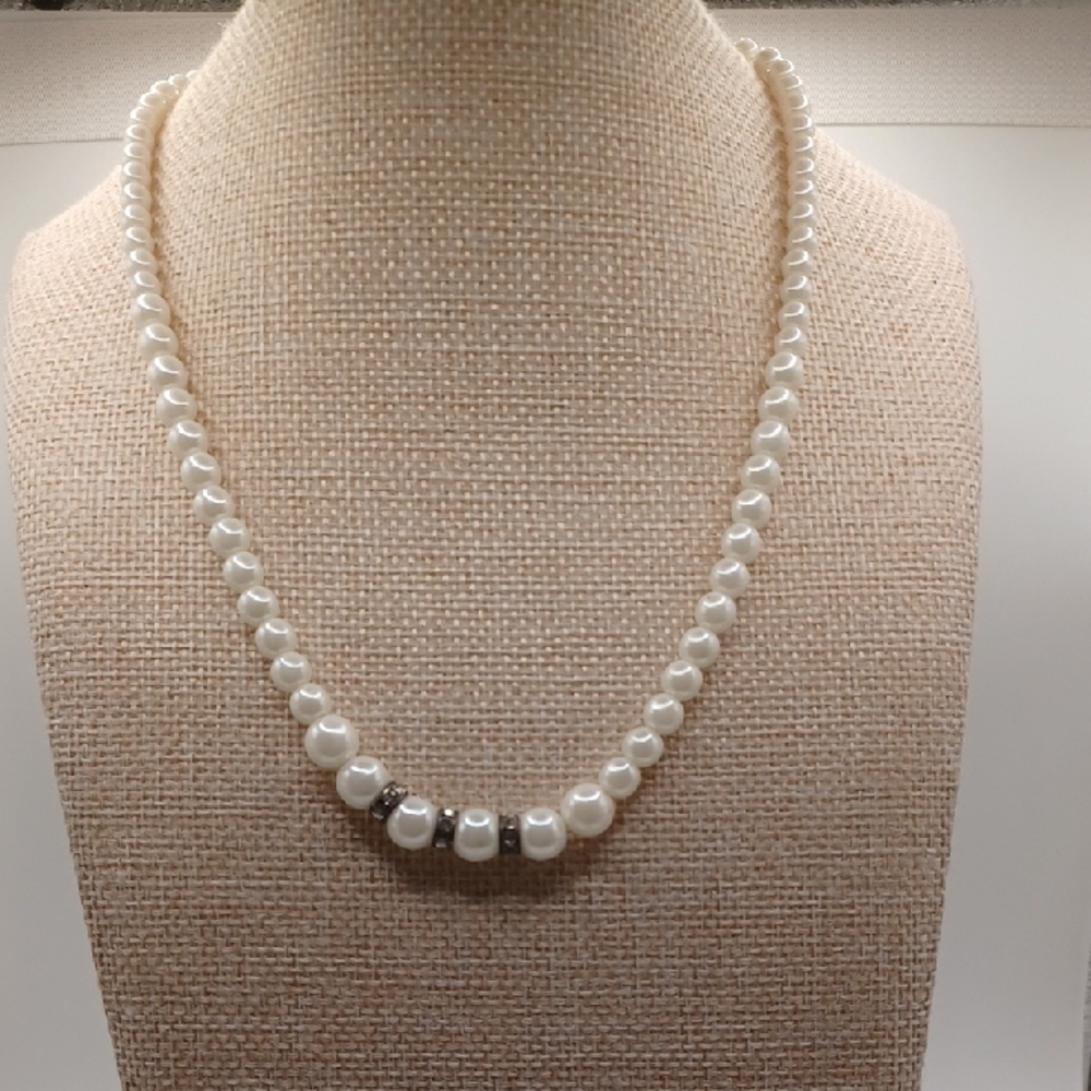 Christina's Collection White Faux Pearl Necklace with Rhinestone Accented Choker